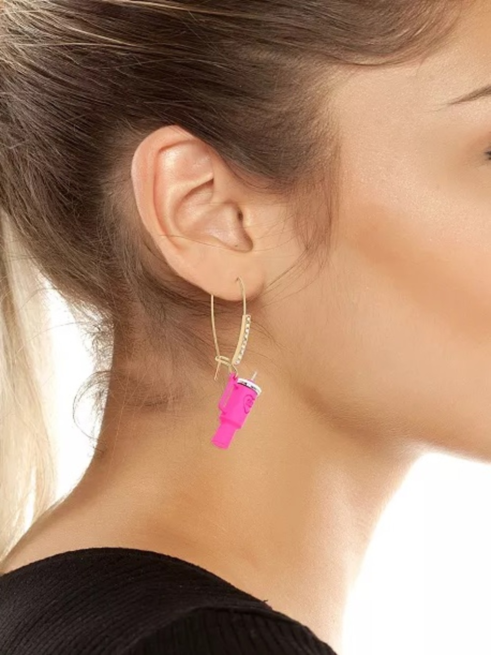 Betsey Johnson Pink & Gold Novelty Travel Mug Drop Earrings - Picture 2 of 10